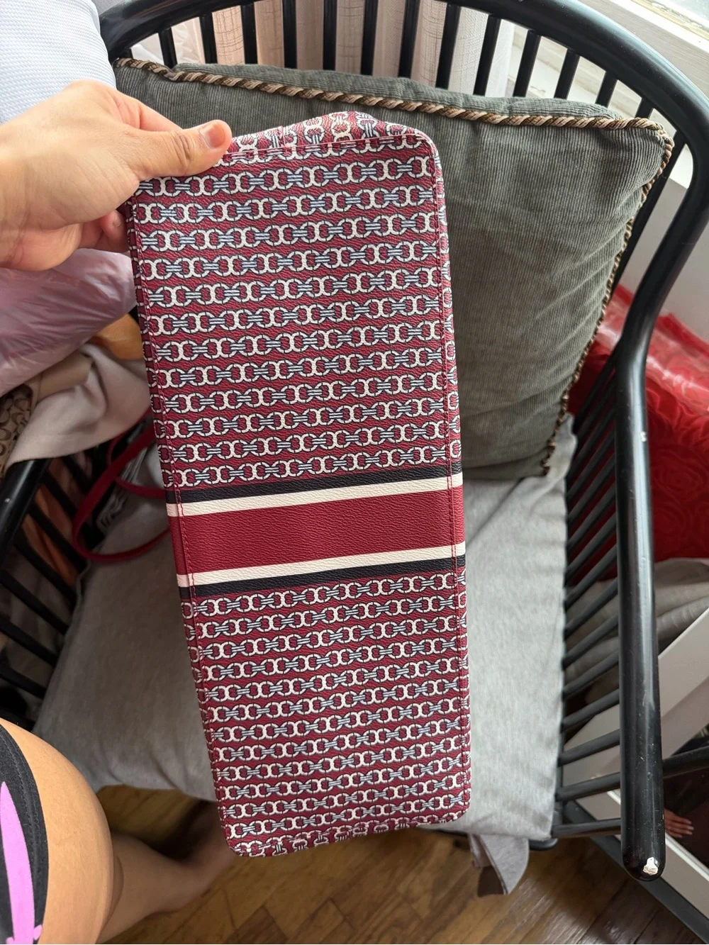 Tory Burch Red Patterned Tote with Center Stripe Accent